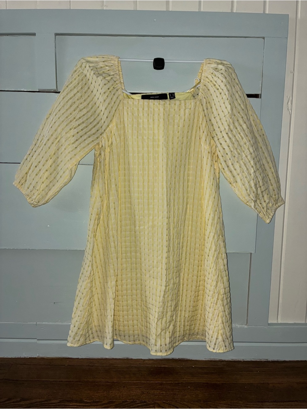 Vero Moda Pale Yellow Textured Puff-Sleeve A-Line Dress